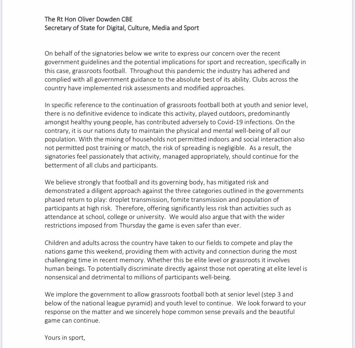 I’ve wrote an open letter to <a href="/DCMS/">Department for Culture, Media and Sport</a> today to encourage the government to guarantee the continuation of grass roots foootball.

If your club or organisation can support please click on the link and you will be added to the signatories. 

Pls share.

forms.gle/tfnaEXX6MCzzxU…