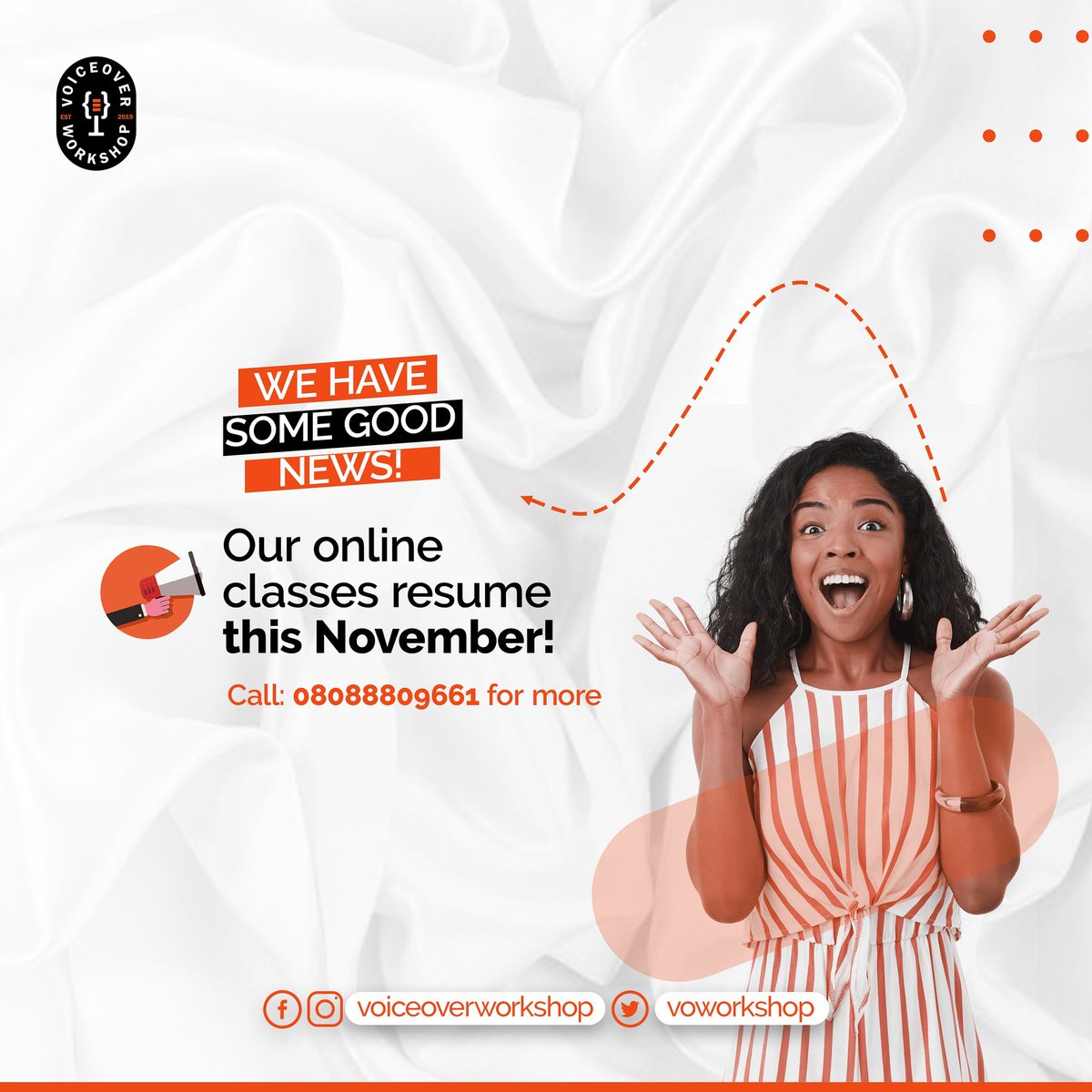 voworkshop's tweet image. Hello there 😁
We are glad to inform you that our online classes are back and better!!! 

With smiles on our faces, we bring to you  VOICEOVER ACTING PRO COURSE SEASON 5

For more information, kindly send us a DM or call 08088809661 to begin. 

#voiceover
#voiceovercourse