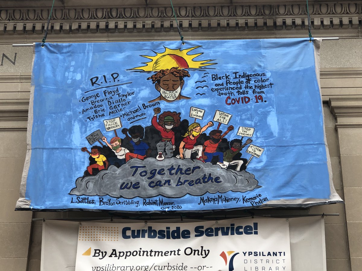 Together We Can Breathe.  This mural created by Ypsi student artists -- Kemarie Cole, Makayla McKinney, Rahimat Monsur + Bre Yon Scribbling -- gives us hope for our future.  Thank you for calling us to build a world where racism does not exist.   #ypsiglow #ypsilibrary #ypsireal