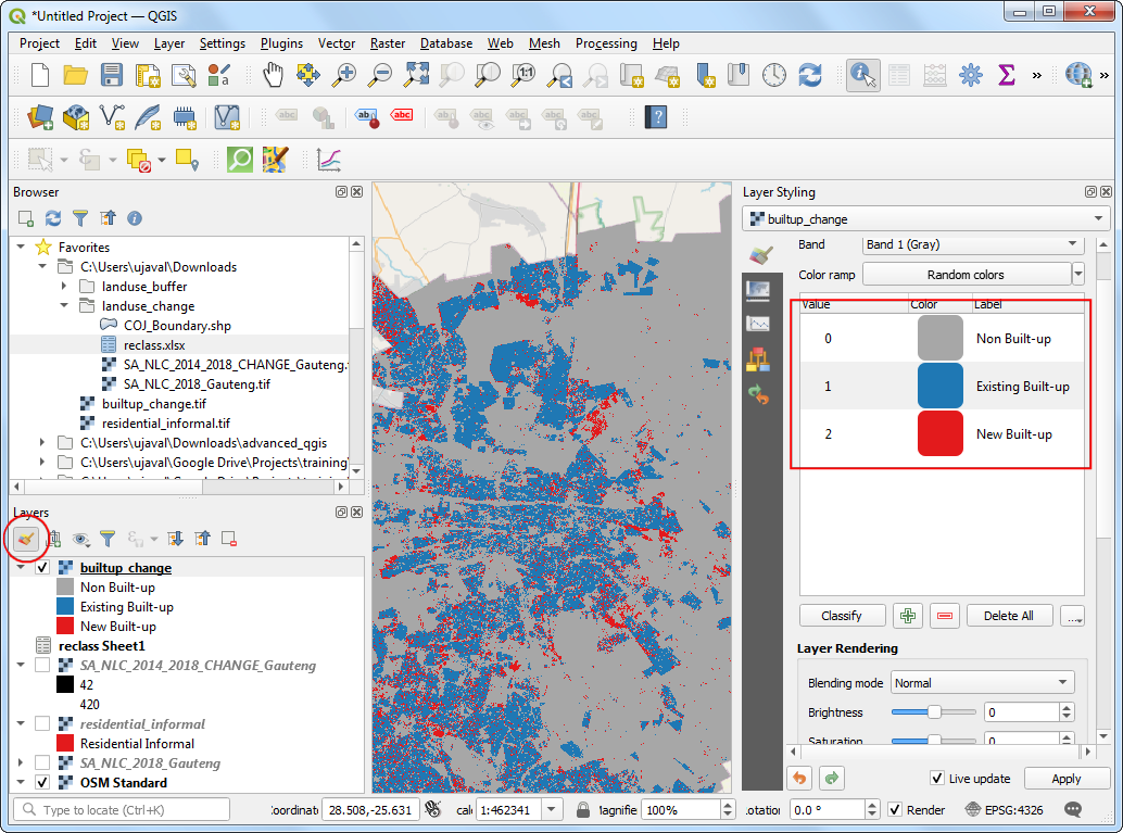 Lab1 shows how to apply  #QGIS Raster Calculator and Reclassify by Layer tools to a) Find all areas under Informal Settlement land use and b) Identify urban growth pattern from 2014-2018 in the Gauteng region.