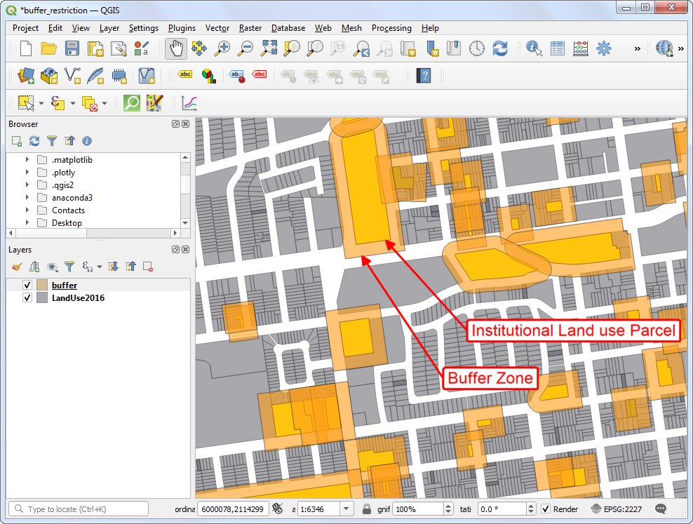 Lab2 takes Parcels data from the City of San Francisco Open Data Portal  https://data.sfgov.org/Housing-and-Buildings/Land-Use/us3s-fp9q and shows how one can use 'Select by Attributes' tool identify parcels of 'Institutional Land Use' and use 'Buffer' and 'Join Attribute by Location' tools to establish restricted zone.