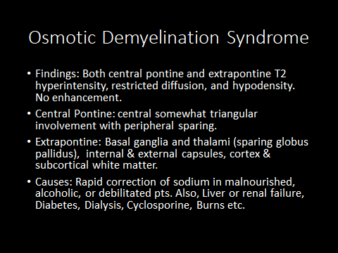 Hammerdongle's tweet photo. Dick's Pick of the Week: Osmotic Demyelination Syndrome: both pontine and extra pontine. 

Pontine and capsular involvement and globus sparing helps differentiate from anoxic injury.

#FOAMed #FOAMrad #radres #NeuroRad #radiology #Neurology https://t.co/QtAuG2qwJx