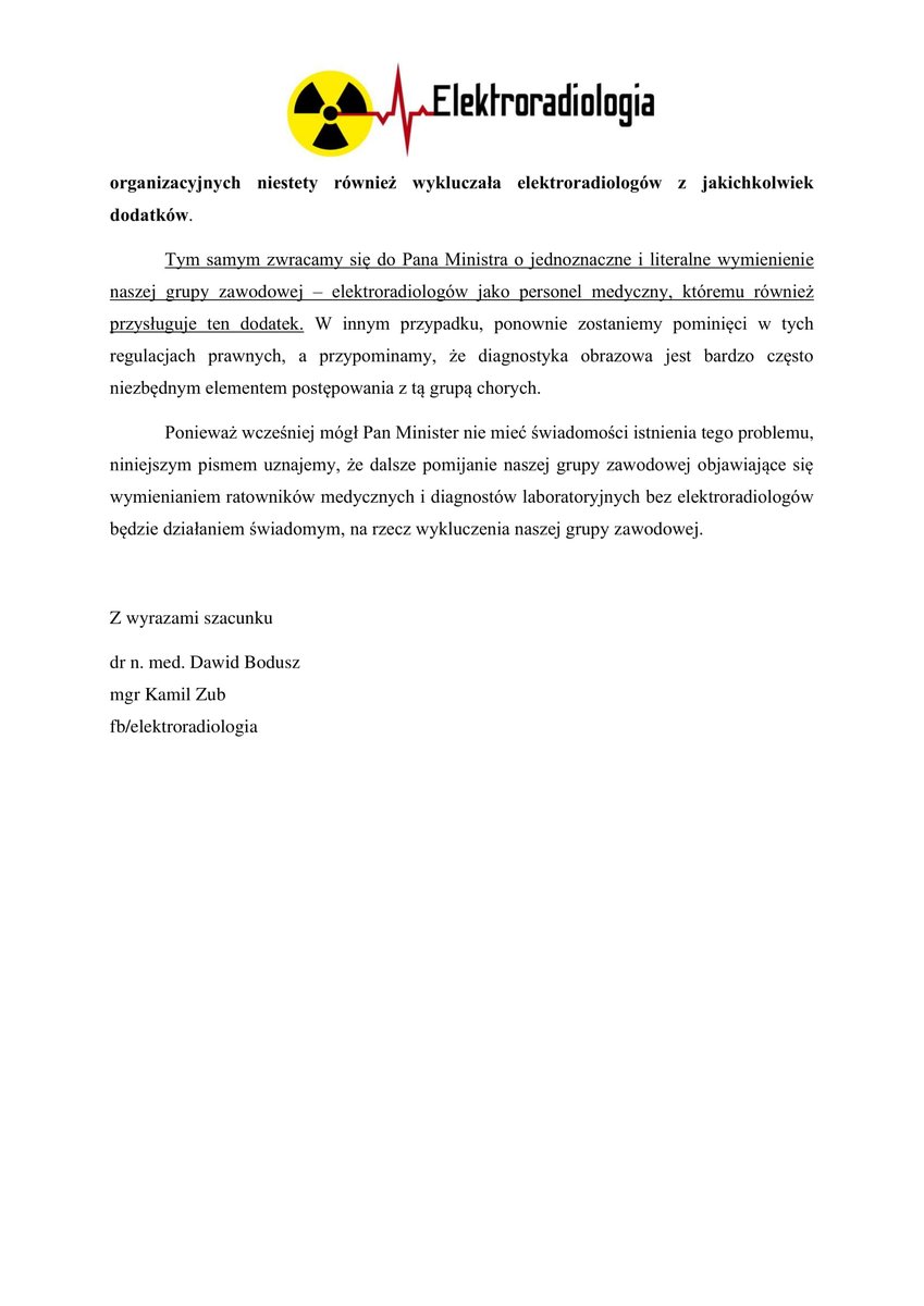 Elektroradiolo1's tweet photo. List otwarty kierowany do dr n. ekon. Adama Niedzielskiego, Pytanie!! Czy dotyczy to również naszej grupy zawodowej??
@MZ_GOV_PL @a_niedzielski @NFZ_Centrala @RMF24pl @OnetWiadomosci @PolsatNewsPL @tvn24 @FaktyTVN @RMF24pl @tvp_info @CowZdrowiu https://t.co/bPJlsmQG5K