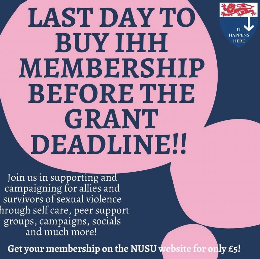 Today is the last day to buy our NUSU membership before society grants are decided! Join IHH today to help our work campaigning and supporting allies and survivors of sexual violence.
Membership can be bought here: nusu.co.uk/organisation/2…