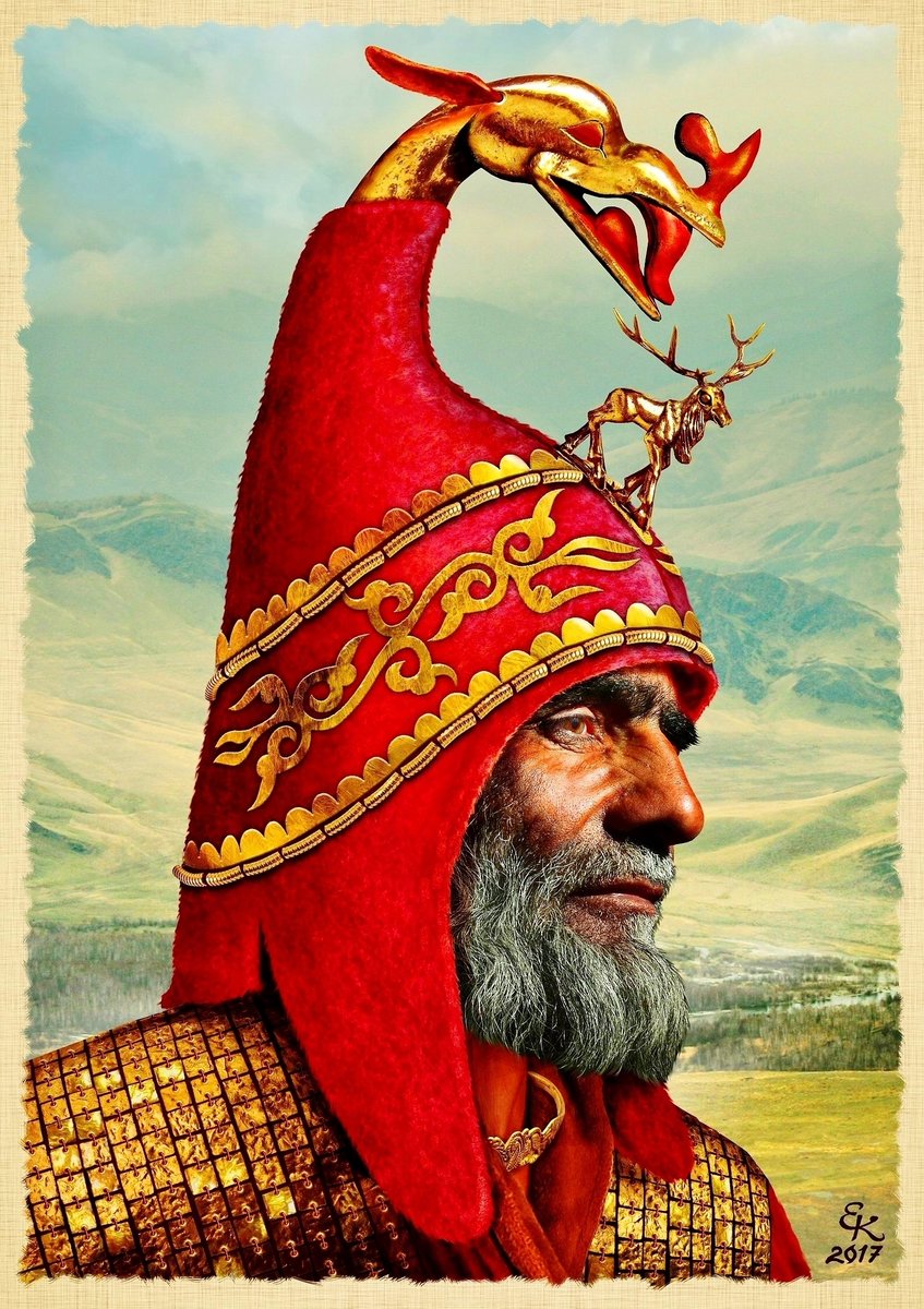 Portrait of the Pazyryk Scythian chieftain, in a headdress, from the Pazyryk Barrows, Altai, Vth-IVth C. BCPortrait of the Kamensk culture Scythian chieftain, in a headdress, based on finds in Lokot-4a burial ground, Lokot village, right bank of the Aley river, Altai, IV C. BC