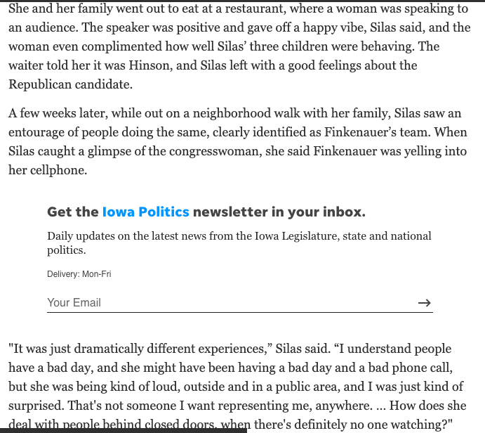 Something curious with part of the Selzer poll write-up. Seven paragraphs removed from the House story, which already featured impossible-to-believe results in  #IA01. Seems they took out a somewhat elaborate story from a Marion voter about Hinson/Finkenauer (1/2)