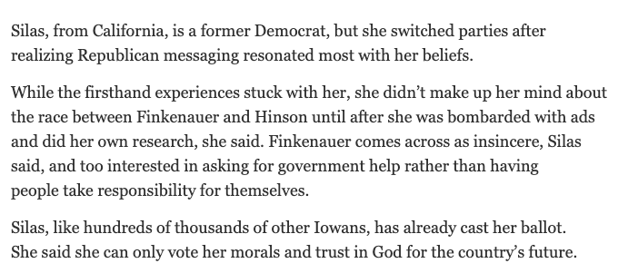 Something curious with part of the Selzer poll write-up. Seven paragraphs removed from the House story, which already featured impossible-to-believe results in  #IA01. Seems they took out a somewhat elaborate story from a Marion voter about Hinson/Finkenauer (1/2)