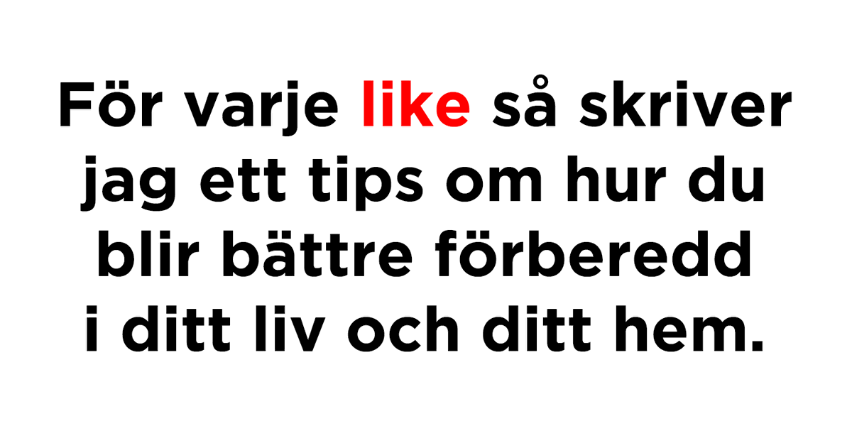 Precis vad det låter som, för varje like på den här tweeten så får du ett tips på hur du blir bättre preppad! RT = kärlek på dunk #prepperSE  #hemberedskap  #krisberedskap  #preppers