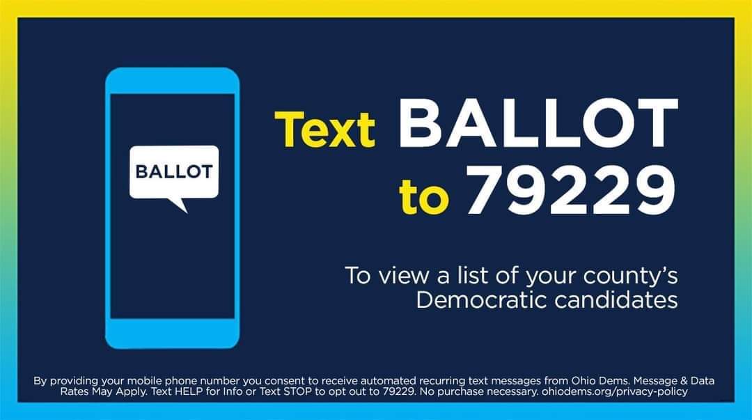 OHSenDemCaucus's tweet photo. Voting in #Ohio today?
Text BALLOT to 79229 to download your official @OHDems sample ballot!

You're allowed have it up on your phone while you #vote! 📲👍

It's crucial to #VoteTheWholeBallot. https://t.co/CHjmyaq09g