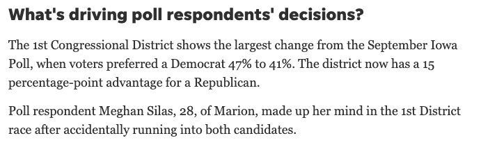 The person quoted does not appear to be a registered voter in Iowa, even though she told the paper she had already voted. Nor has any easily-findable social media presence.Sometimes folks' legal name different than what they go by, of course, but still seems odd.