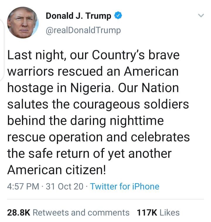 US Rescue Operation Again Confirms Buhari’s Incompetence, Says PDPThe swift operation by the  @WhiteHouse to rescue her citizen held hostage by bandits on Nigerian soil has further confirmed that the  @MBuhari Presidency can neither secure the territorial integrity of our...
