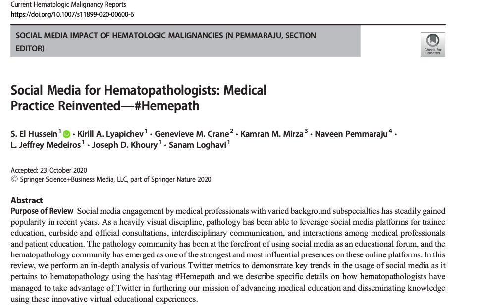 SibaElHussein's tweet photo. (1/2)Check out the new article led by @sanamloghavi @KirillLyapichev @evemariecrane @KMirza @ljmedeirosMD @JoeKhouryMD and none other than @doctorpemm describing how our #hemepath community has leveraged #twitter usage to disseminate educational material 🔬🩸 https://t.co/stwWcS9h2i