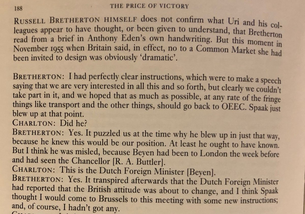 Bretherton, interviewed in 1981 for a Radio 3 series 'The Price of Victory', only refers to having 'perfectly clear instructions... to make a speech saying that [the UK is] very interested in all this and so forth, but clearly we couldn't take part in it'.12/