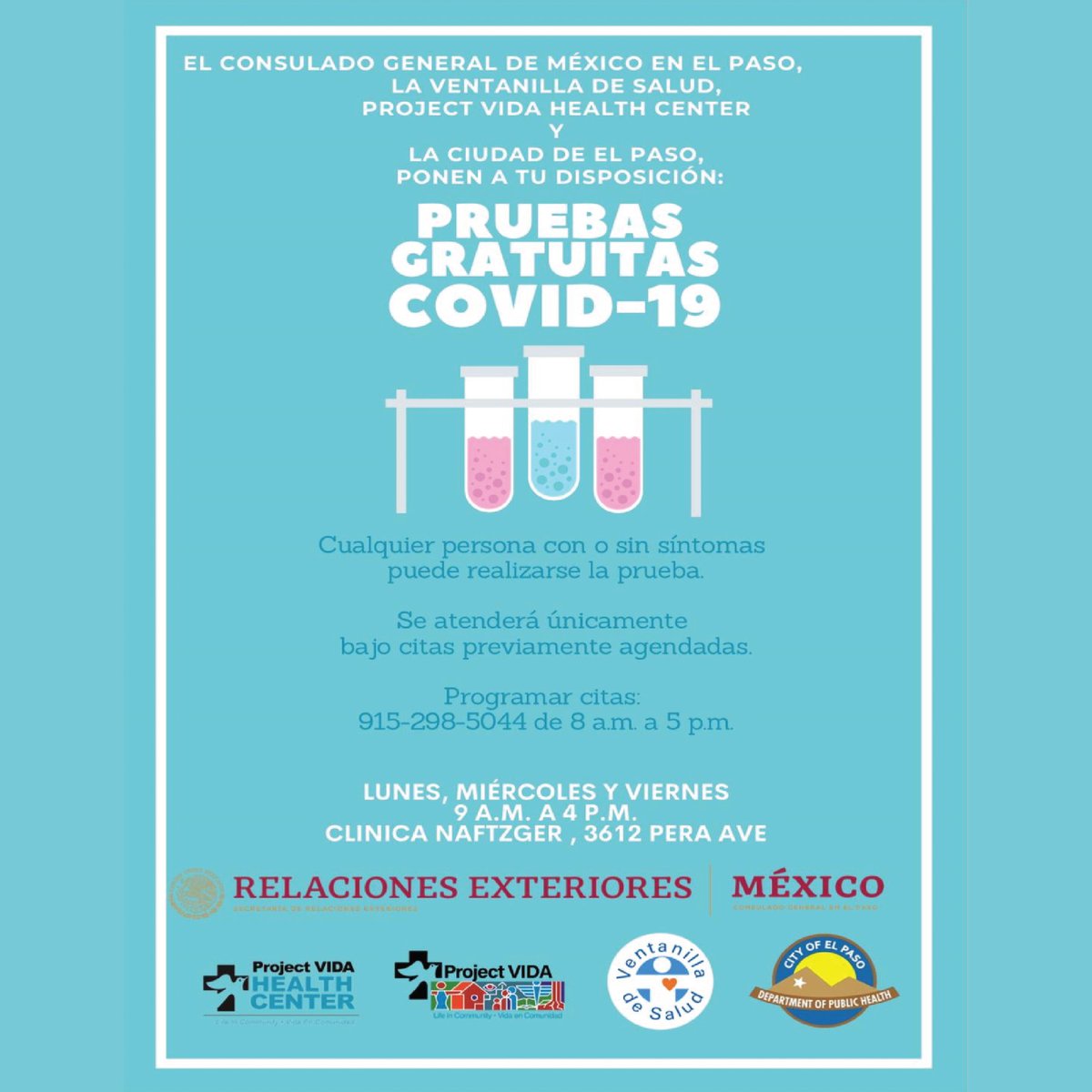 ConsulmexElPaso's tweet photo. #HazteLaPrueba de #COVID19 de manera gratuita con el #ConsuladoDeMéxico y #ProjectVida. Más detalles ⏬
✔️ Programa tu cita 📱 (915) 298 5044
✔️ Asiste los lunes, miércoles y viernes
✔️ Obtén los resultados de los exámenes en 48 horas
#SaludBinacional https://t.co/R43vM5ebxw