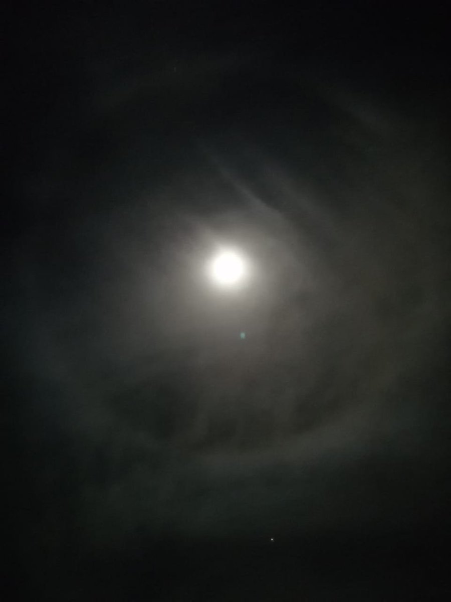 LigaAstroChih's tweet photo. #Halo lunar. El anillo se forma cuando la luz de la #Luna se #refracta (se dobla) al pasar a través de #cristales de hielo. Los halos lunares solo serán visibles si hay #nubes suficientemente altas (véase frías, para que se formen los cristales de hielo) y delgadas.
#astronomy https://t.co/UgXbbSGwMp