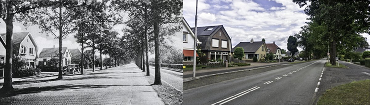 De Rijksstraatweg, een zeer oude klinkerweg, aan het begin van het dorp. Duidelijk zijn de ventwegen te zien, aan weerszijde van de weg door een rij bomen van de hoofdweg gescheiden. De ventwegen zijn er nog steeds.