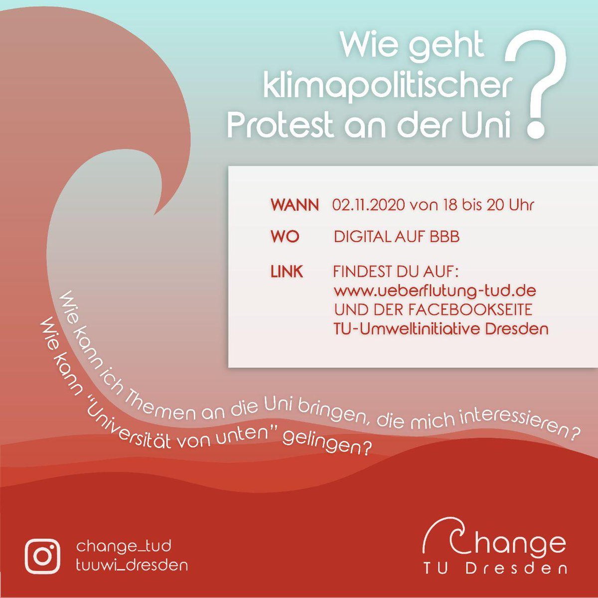 Morgen geht es los!
Diskutiert mit uns über studentische Teilhabe und Protest!
Wie kriegen wir #Klimagerechtigkeit an die Uni?
#change_tud #ÜberfluTUng #tuuwi #TUDresden