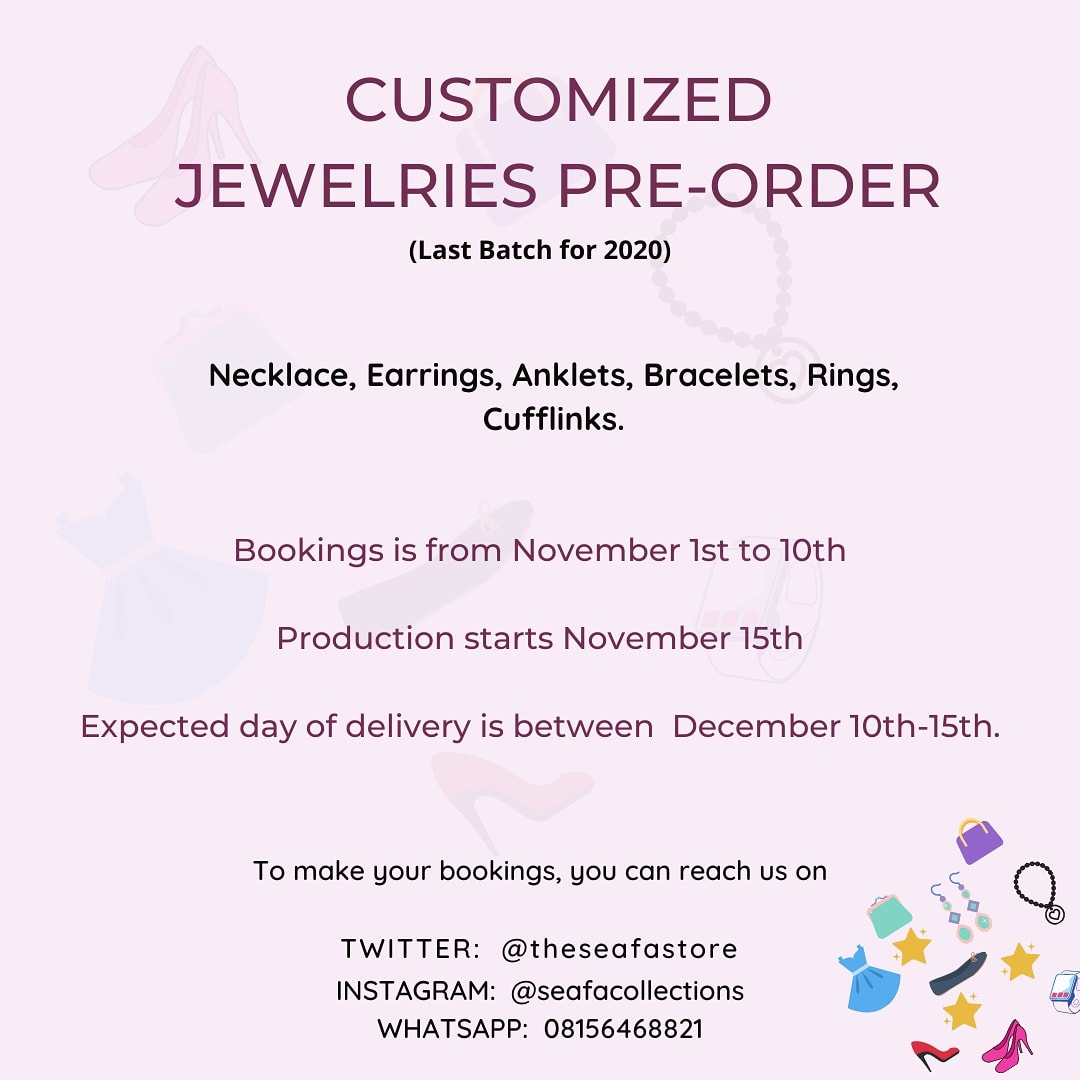 SeaFaCollection's tweet photo. Customised Jewelry Last Batch for 2020!
Bookings from November 1st to November 10th
Production starts November 15th.
Production takes 3-4 weeks
Delivery is between December 10th to 15th.
#SeaFaCollections #November #betterdaysahead #NovemberWish https://t.co/9S3hrv3RgQ