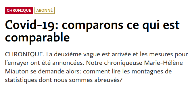 fredericschutz's tweet photo. En tête du site @letemps ce matin, une chronique sur les chiffres du COVID19 qui veut "comparer ce qui est comparable", mais fait exactement l'inverse, avec comparaisons bidons, et essaie de nous faire croire que la vague automnale du virus sera plus faible qu'au printemps 1/ https://t.co/21mLx8Ho1b