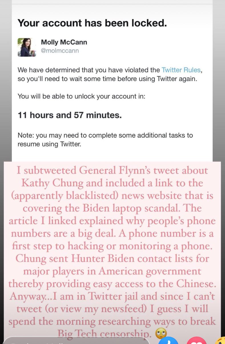 NorMcCann's tweet photo. Twitter locked Molly’s account this morning over the Hunter Biden laptop scandal.
You aren’t allowed to know anything the Bidens did that could have compromised national security.
@molmccann https://t.co/YyyG851TV0