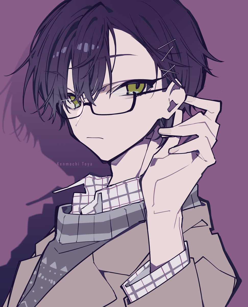 1boy solo male focus green eyes glasses looking at viewer purple background  illustration images