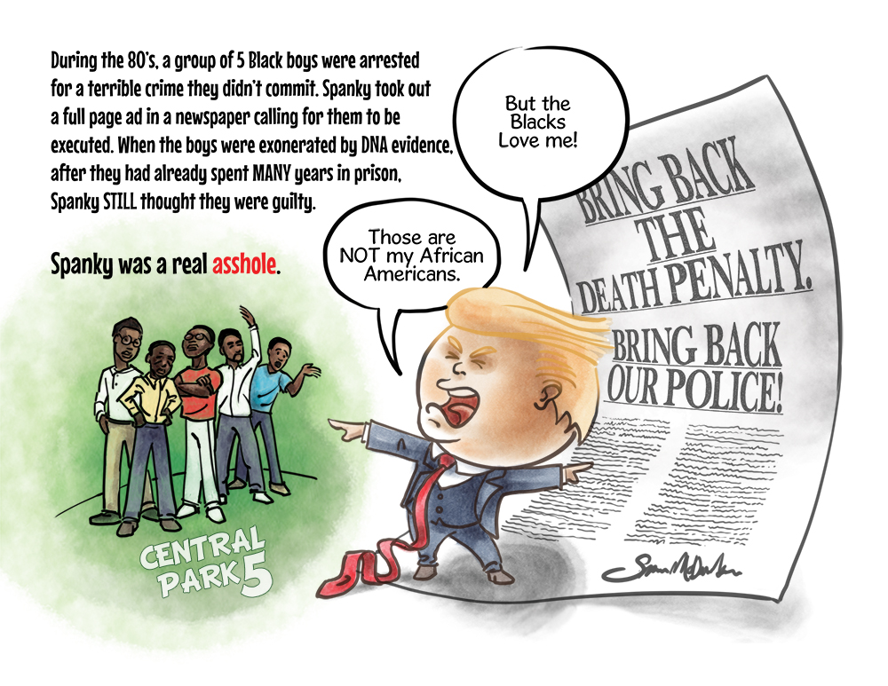 mmpadellan's tweet photo. Since the Central Park 5 is trending, I'd like to remind folks that trump called for the DEATH PENALTY for these boys, who were framed by cops.
After they were exonerated by DNA, he STILL wanted them punished. Read about it in The Liddle'est President. https://t.co/tGfpBtFfbl https://t.co/6luBkAVbNC