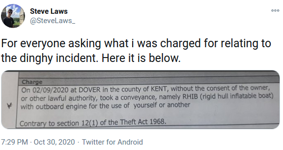 These aren’t the kinds of charges one might face from legitimate protest – resisting arrest, etc. – instead he’s charged with stealing a boat.He admits to taking the boat and that it didn’t belong to him, but is trying to claim legal salvage. 