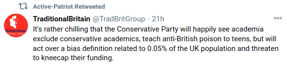 This is unlikely to be a coincidence as he retweets far-right groups like the Traditional Britain Group, whose conference has hosted the Alt Right’s Richard Spencer, the BNP’s Mark Collett, Generation Identity’s Martin Sellner and eugenicist crank Edward Dutton.