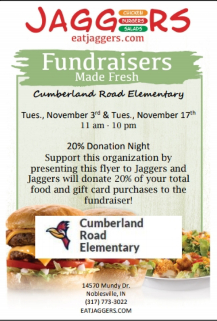 CRE_PTO's tweet photo. π Lunch AND dinner are planned for Tuesday! π Order at Jaggers from 11 am till 10 pm and they will donate 20% of your total to CRE PTO! #SupportCRE https://t.co/QgiL43Eqw2