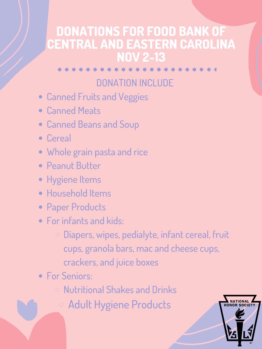 NHS members!! Our food drive for the Food bank of Central and Eastern Carolina starts tomorrow Nov. 2!! Drop off donations in front of the school (30 mins per donation, 2 hrs max). See below for item list:
