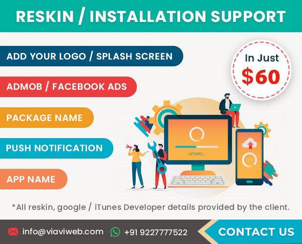 viaviwebtech's tweet image. We can do reskin for any of our source code in JUST 60.

PORTFOLIO: 1.envato.market/JakrN

WhatsApp (+91) 9227777522
Email: info@viaviweb.com

#viaviwebtech #viaviweb #viavi #reskin #sourcecode #androidappreskin #iosappreskin #envato #envatomarket #eliteauthor #codecanyon