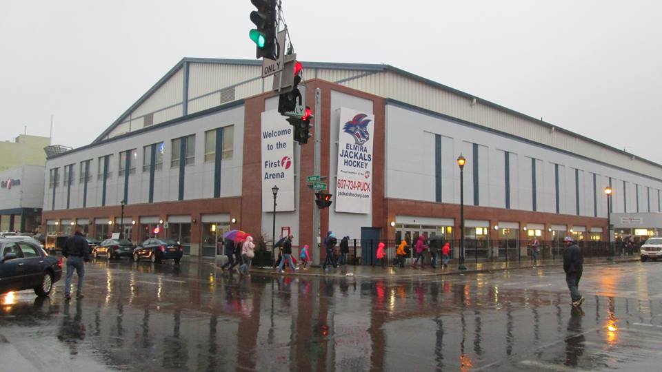 45. First Arena, Elmira, NY. Former home of the Elmira Jackals. I was really surprised by how nice this smaller arena far off the beaten track was. I also remember how hard it rained. I never did dry off. Sadly the ECHL has moved on from Elmira.