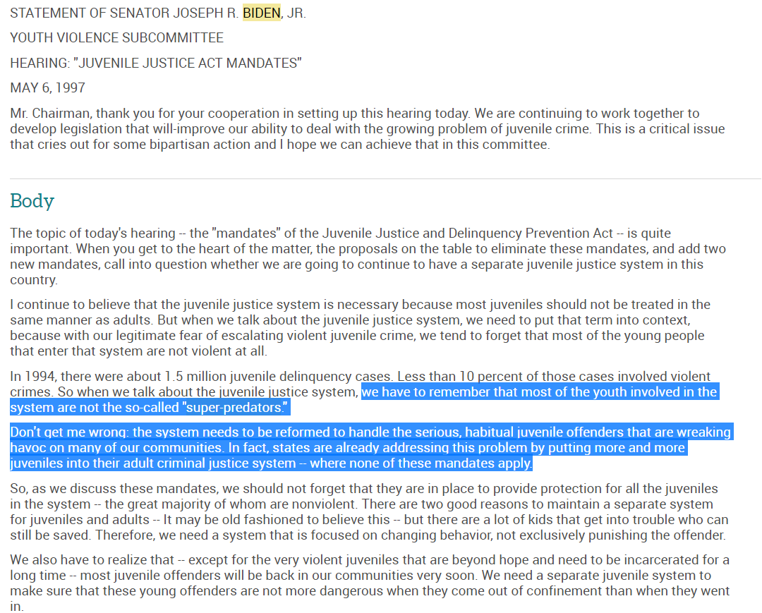 Here's Biden at a 1997 hearing, seeming to make a distinction between non-violent juvenile offenders and "super predators" - whom he insists "are beyond hope and need to be incarcerated for a long time." And it's clear from the context he's talking about juveniles.