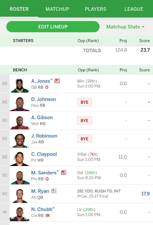 DavidBrody's tweet image. I have 6 top RBs on my #FantasyFootball team and they are ALL out this week. #WayneGallman is my desperation RB