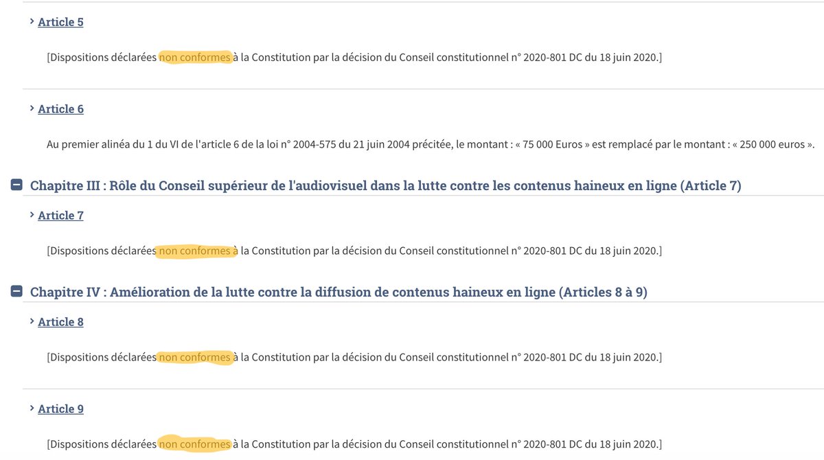 Du coup, face aux cavaliers législatifs, c'est au Conseil constitutionnel de faire le ménage. Inutile de dire que ça fait peur à la majorité et au gouvernement, souvenez-vous de la loi Avia (tellement censurée que c'est sympa d'encore l'appeler "loi")... https://www.legifrance.gouv.fr/jorf/id/JORFTEXT000042031970