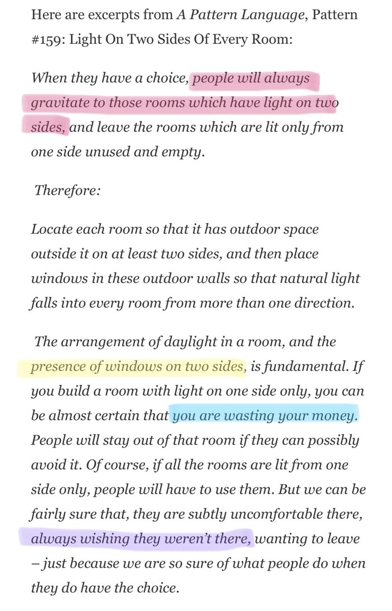 I first learned this idea from Christopher Alexander.Light that comes from multiple directions feels more natural, which gives a space life. If you’re in the Northern Hemisphere, at least one of those windows should face South so you can maximize sunlight.