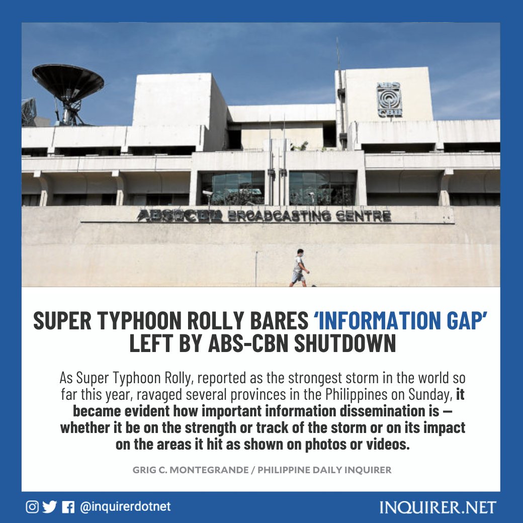 inquirerdotnet's tweet photo. Filipinos online pointed out how ABS-CBN with its wide reach could have been useful in the dissemination of important information during the typhoon. https://t.co/85VfYwraL4 https://t.co/Kt0hPWEPve
