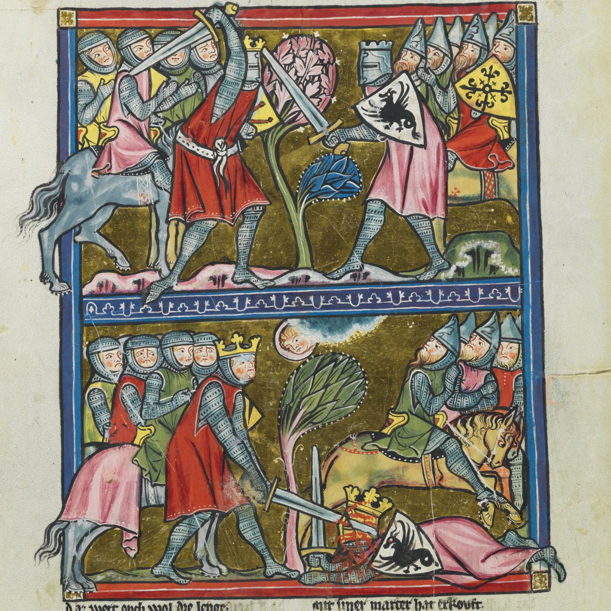 And knights on horse would also dress their horses in pink for battle! Nobody wants a dour battlefield. They're not monks!(St. Gallen, Kantonsbibliothek, VadSlg Ms. 302, f. 66r)