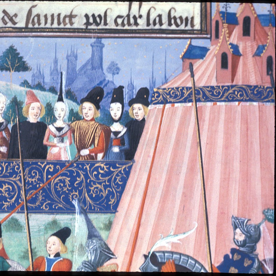 WHERE ARE THE PINK TOURNAMENT TENTS??(BL, MS Harley 4379, f. 23v)
