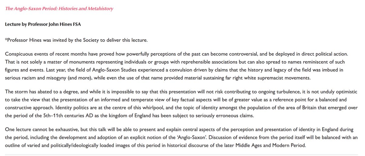 If you can, please sign up for & attend this talk by Dr. John Hines on November 12th. He seems to think racists are a fringe group & not a concern in the UK. His own thinking is flawed & dangerous.  https://www.sal.org.uk/event/the-anglo-saxon-period-histories-and-metahistory/  #medievaltwitter