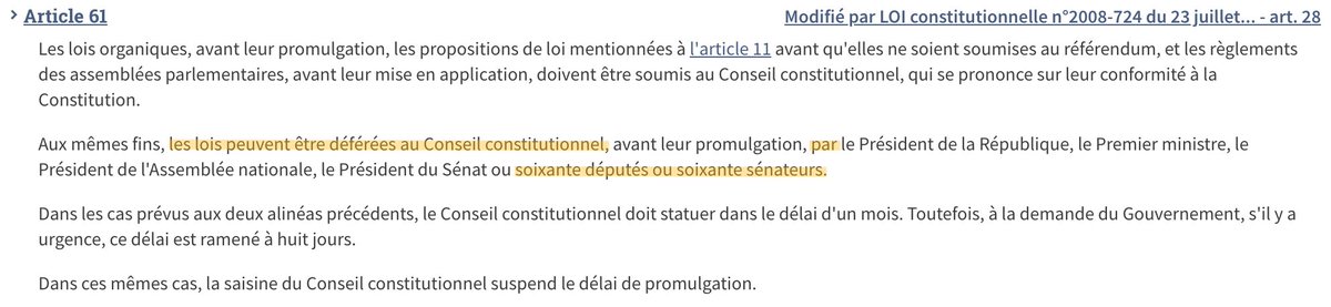 Par contre, le droit de déférer un texte au Conseil constitutionnel, garanti aux parlementaires par la Constitution, est un élément essentiel de la séparation des pouvoirs. C'est un des derniers ilots de vrai contre-pouvoir du Parlement face à l'exécutif.