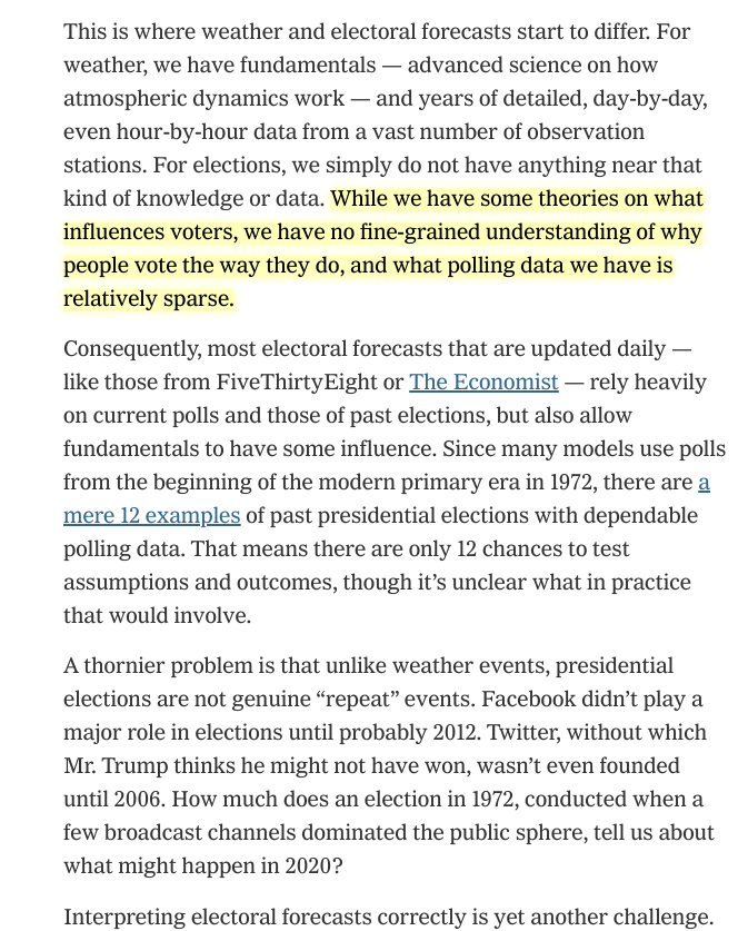 For weather models we have detailed, fine-grained grasp of the underlying dynamics, a mountain of data, and chances to test our predictions every day. Presidential elections? Numbers fly around every four years, then lots of debate and no conclusion. Because it *cannot* conclude.
