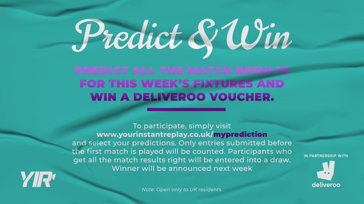 YourInstReplay's tweet photo. Predict all the match results for this week's fixtures and win a £25 @Deliveroo voucher 🍔 

To enter, simply click https://t.co/xe070RyOaj
and select your predictions. 

Only entries submitted before the first match (Monday 19.30) is played will be counted so participate now! https://t.co/suRoVcVDFB