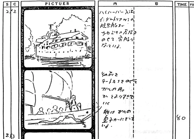 なかなか出番のなかったチートもガルおじさんの船に乗って再登場。舵を握っているのはガルおじさんの息子。
入江に停泊しているインダストリアからの脱出船(サルベージ船)は「かやぶき屋根をのせて家船になっている」。
大勢住めそうですが、誰の「家」なんでしょう? 
#未来少年コナン 