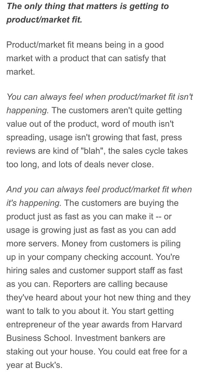 Trying to understand product/market fit? Start here. This is a copy of  @pmarca’s original timeless 2007 blog post about product/market fit.  https://pmarchive.com/guide_to_startups_part4.html