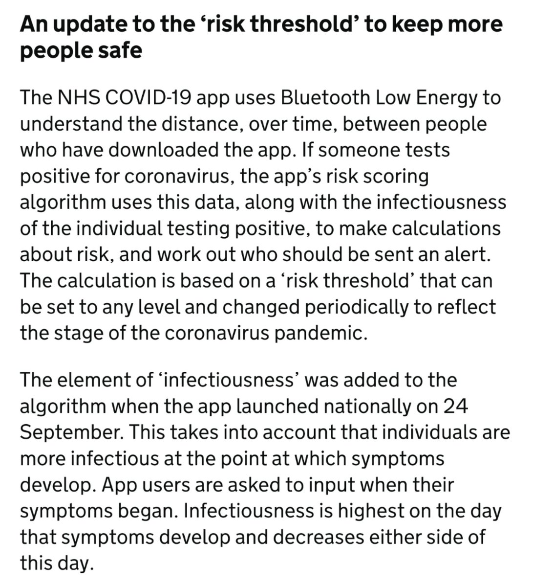 In this blog, the app team gave an explanation of the latest changes it had made - including a reduction in the  #RiskThreshold, which took account of TWO factors: the inclusion of a measure of  #infectiousness in the API *and* a new  #distance algorithm... https://healthtech.blog.gov.uk/2020/10/29/how-the-nhs-covid-19-app-is-making-the-most-of-cutting-edge-global-technology/