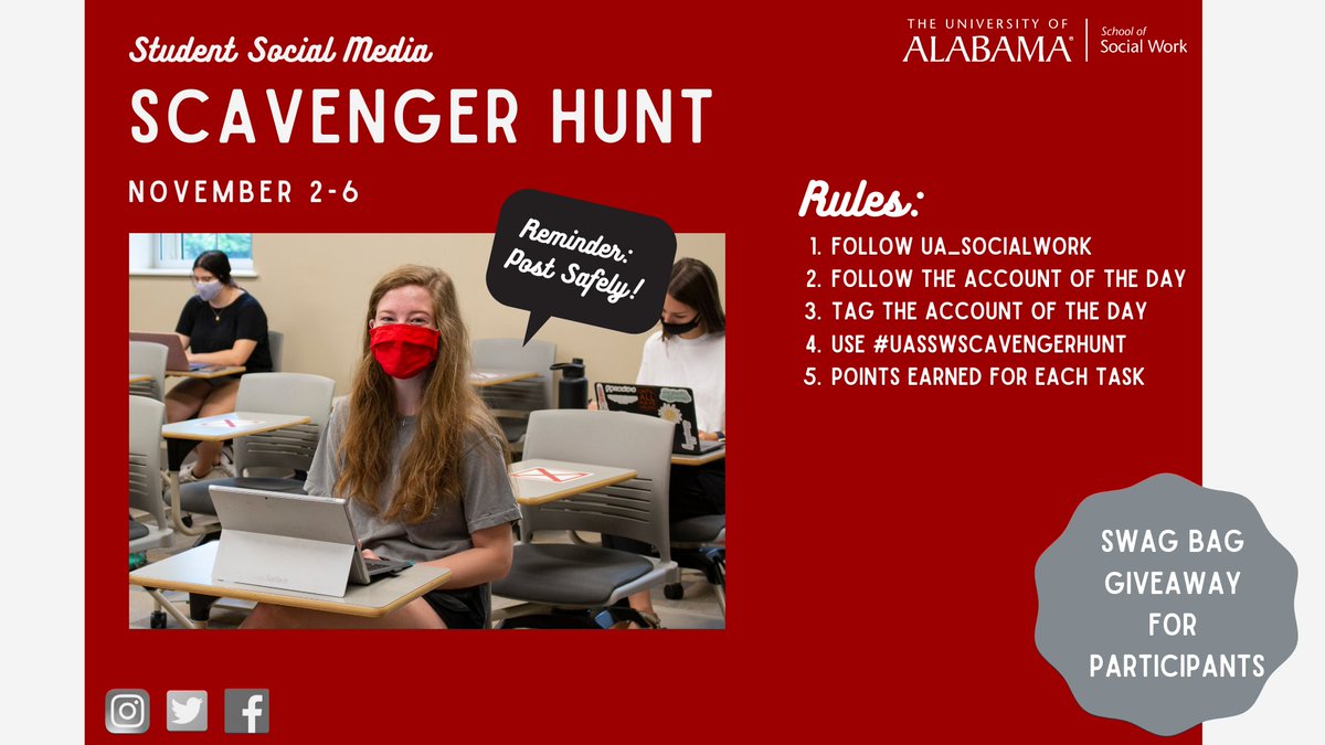 UA_SocialWork's tweet photo. 🎉Don't forget to check out our social media scavenger hunt starting T O M O R R O W! #UASSWSCAVENGERHUNT https://t.co/Yi9OIzN9r9