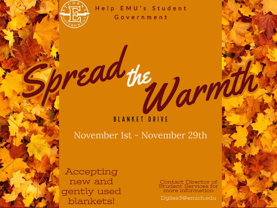 emusg's tweet photo. Help Student Government warm the community by donating some of your gently used or new blankets. It’s getting cold out here SPREAD THE WARMTH #service #community #EMU #EMU21 #EMU22 #EMU23 #EMU24 #spreadthewarmth2020 https://t.co/QILxJMSKge