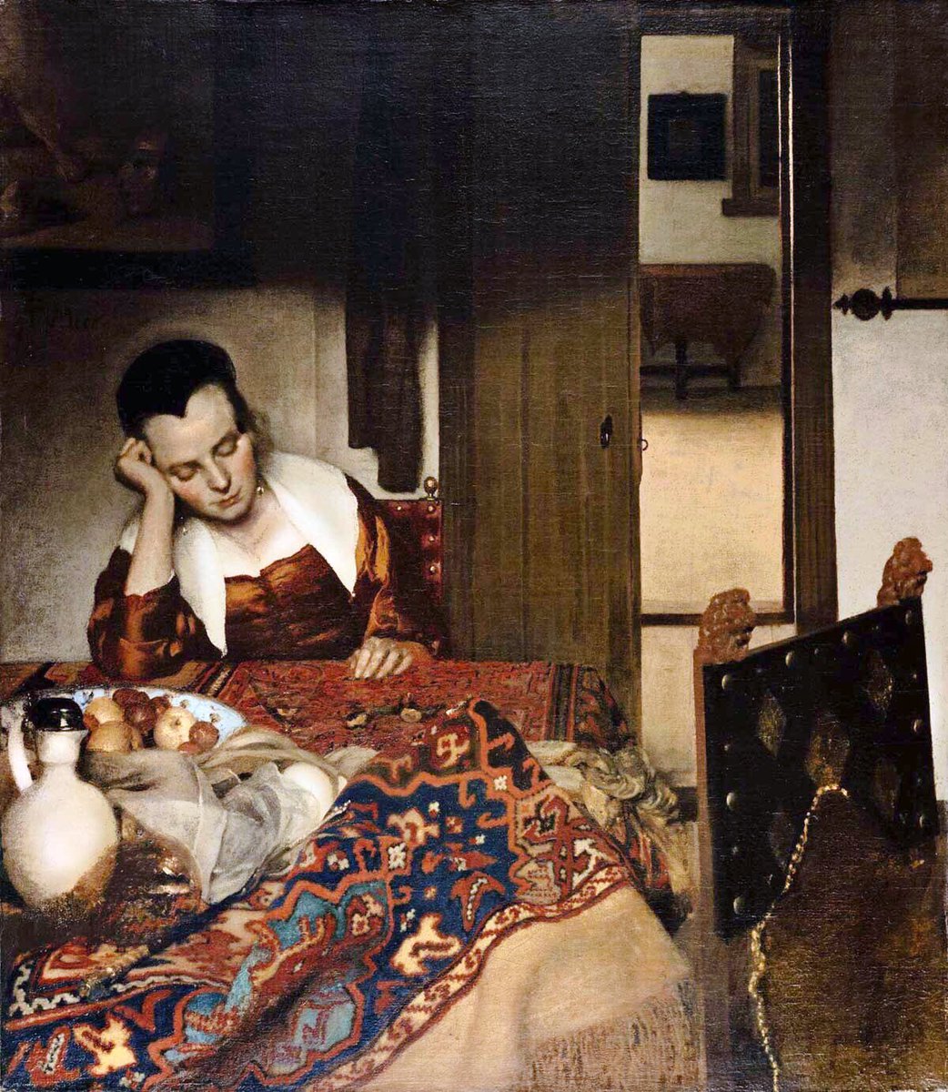 Vermeer married in 1653 after converting to Catholicism. His mother in law was wealthy & probably insisted on this - & the couple ended up living with her. Woman Asleep at a Table (1657), The Procuress (1656) & Girl Reading a Letter at an Open Window (1657)