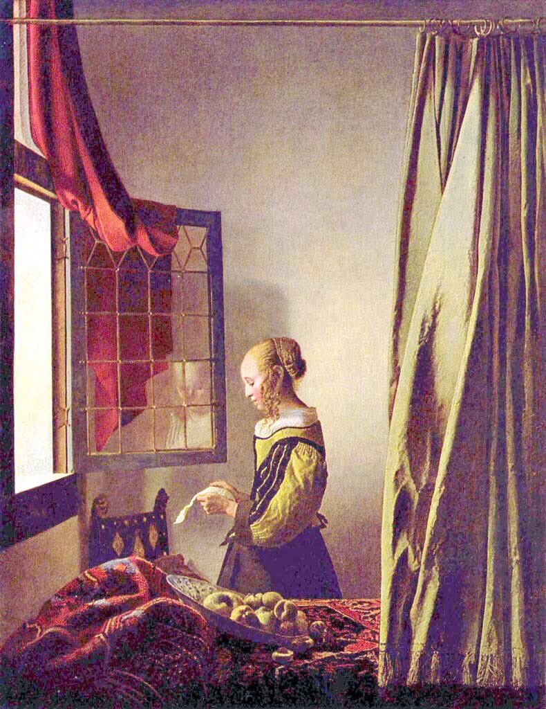 Vermeer married in 1653 after converting to Catholicism. His mother in law was wealthy & probably insisted on this - & the couple ended up living with her. Woman Asleep at a Table (1657), The Procuress (1656) & Girl Reading a Letter at an Open Window (1657)